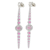 Stylish silver earrings with pink accents and logo, perfect for adding a pop of color to any outfit.